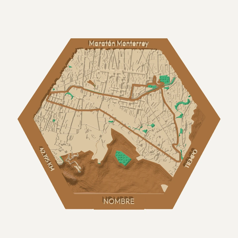 Medallero Hex Route del Maratón de Monterrey con mapa y montañas