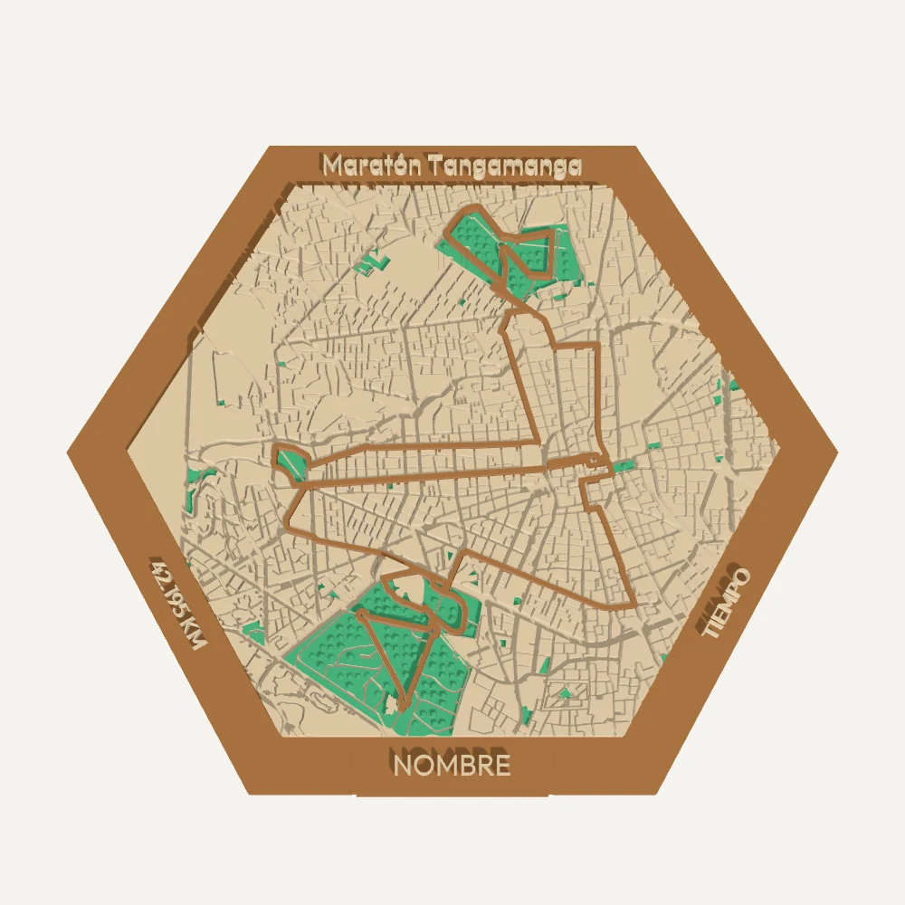 Medallero Hex Route del Maratón Tangamanga de San Luis Potosí con mapa, ruta y parques