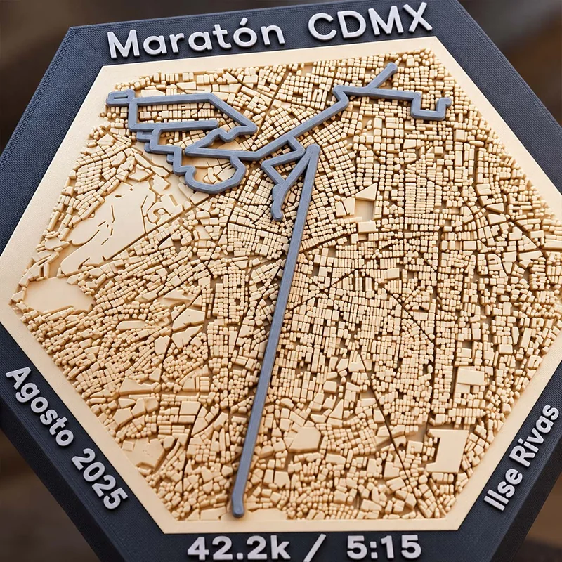 Medallero Hex Route con la ruta de Ciudad de México, detalle del mapa y la ruta