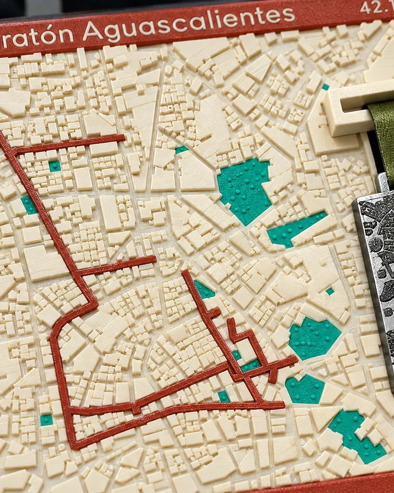 Medallero Rectangulum con la ruta de Aguascalientes, detalle del mapa y la ruta