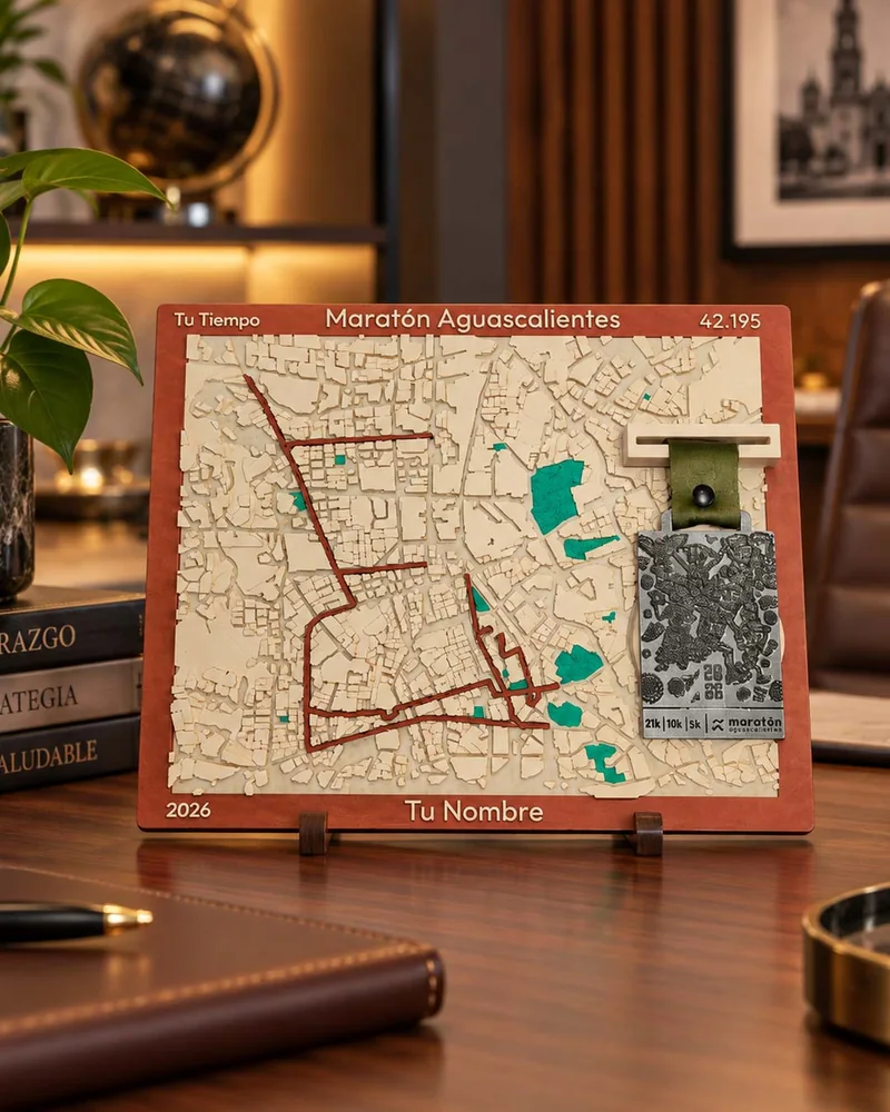 Medallero Rectangulum con la ruta de Aguascalientes en un espacio de trabajo